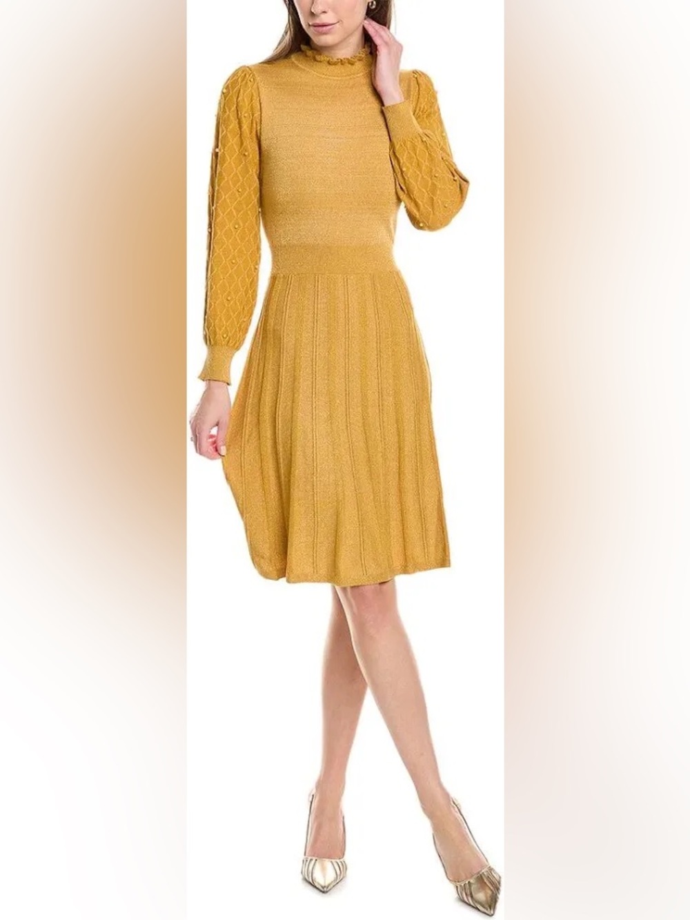 Nanette Lepore Women's Mock A-Line Sweaterdress Metallic Gold Size Small Pearls